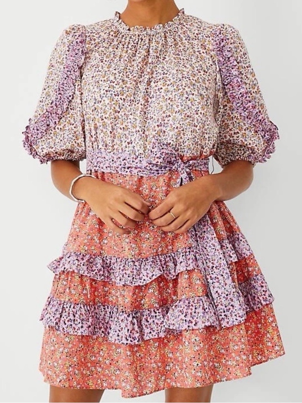 Ann Taylor Mixed Floral Tiered Ruffle Puff Sleeve Cottagecore Mini Dress